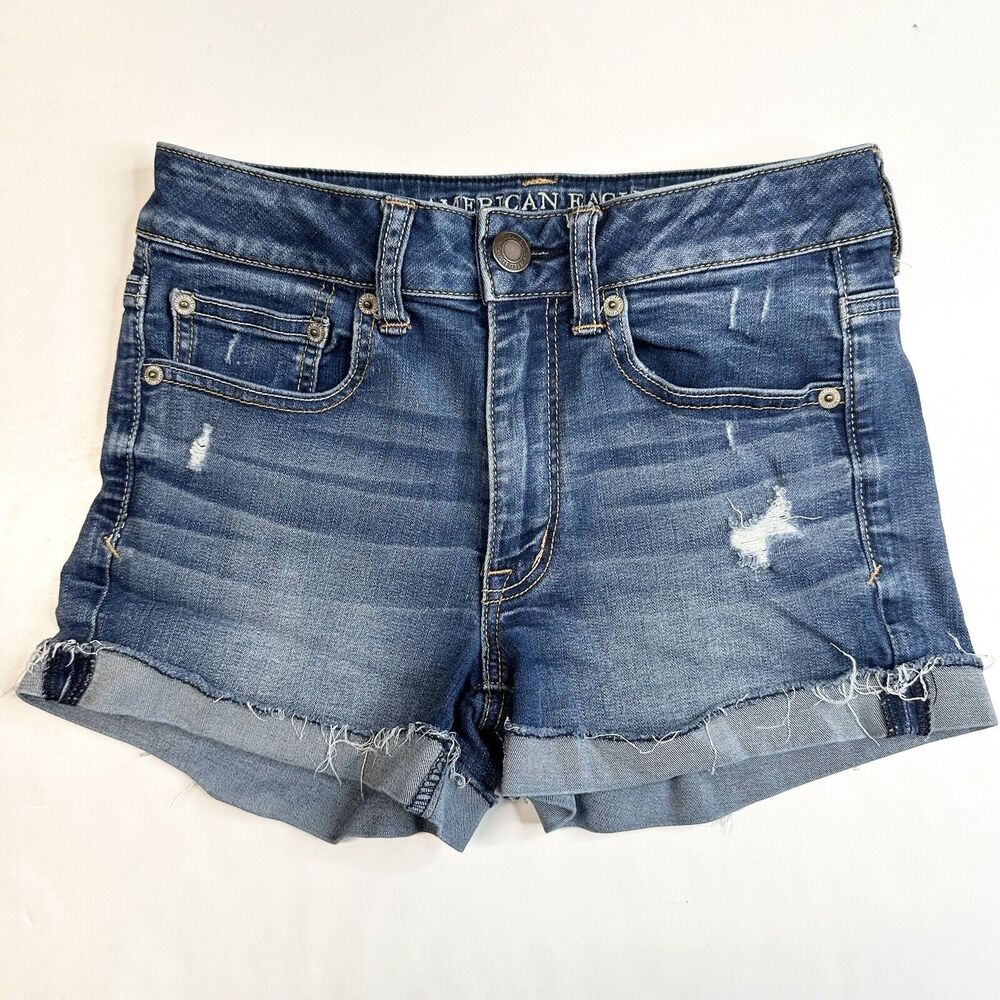 American Eagle Shorts 6 Shortie Super Stretch Denim Blue Jean Cuffed Distressed